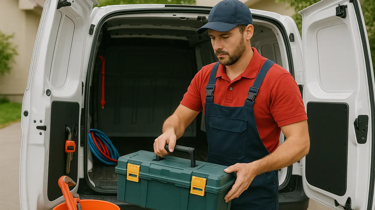 A plumbing technician putting his tool box back in his van from Quality Plumber Leander in Leander, TX - 5 most common toilet problems