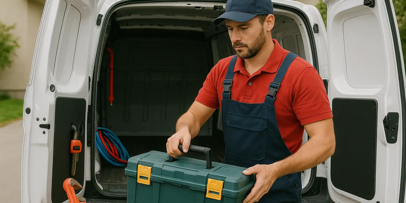 A plumbing technician putting his tool box back in his van from Quality Plumber Leander in Leander, TX - 5 most common toilet problems