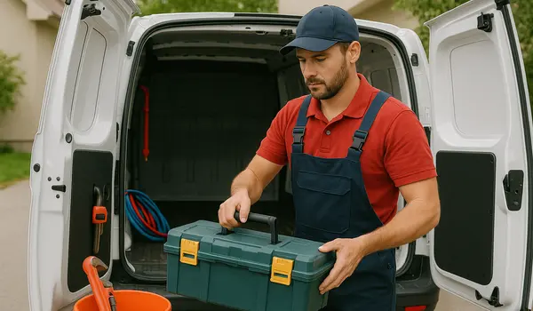 A plumbing technician putting his tool box back in his van from Quality Plumber Leander in Leander, TX - 5 most common toilet problems