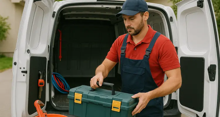 A plumbing technician putting his tool box back in his van from Quality Plumber Leander in Leander, TX - 5 most common toilet problems
