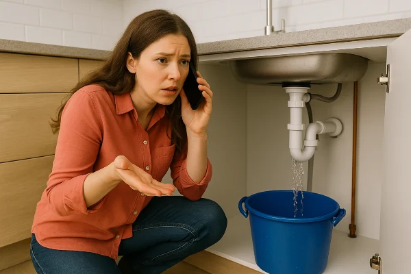 A woman on the phone with a water leak problem underneath the kitchen sink from Quality Plumber Leander in Leander, TX - 5 most common toilet problems