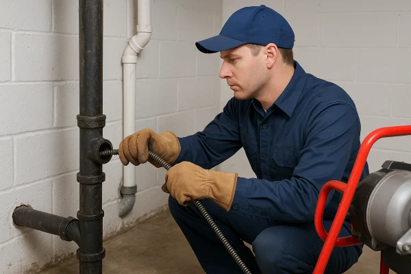 A plumber using a snake to clear a plumbing pipe from Quality Plumber Leander in Leander, TX - 5 most common toilet problems