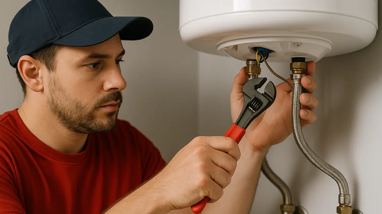 A male plumbing technician tightening a water heater connection from Quality Plumber Leander in Leander, TX - Bathroom Plumbing Solutions