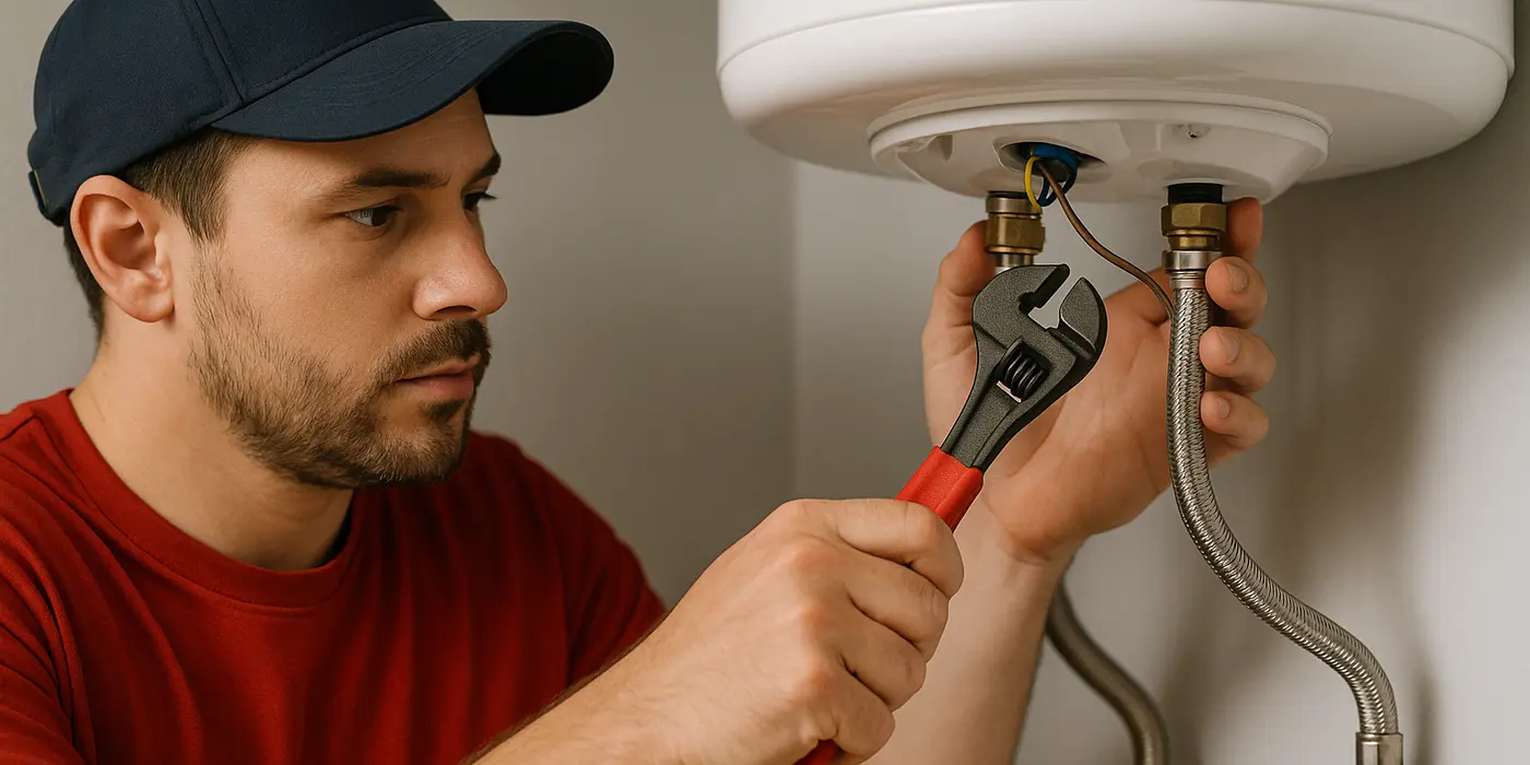 A male plumbing technician tightening a water heater connection from Quality Plumber Leander in Leander, TX - Bathroom Plumbing Solutions