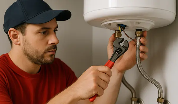 A male plumbing technician tightening a water heater connection from Quality Plumber Leander in Leander, TX - Bathroom Plumbing Solutions