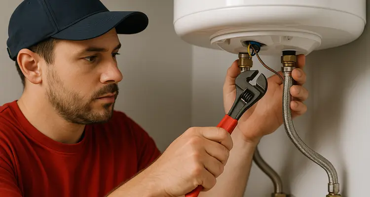 A male plumbing technician tightening a water heater connection from Quality Plumber Leander in Leander, TX - Bathroom Plumbing Solutions