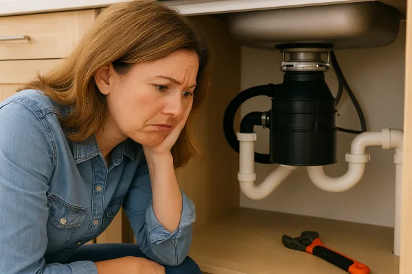 A sad woman looking a broken garbage disposal from Quality Plumber Leander in Leander, TX - Bathroom Plumbing Solutions