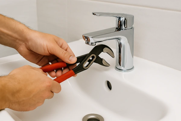 A technician fixing bathroom a water faucet from Quality Plumber Leander in Leander, TX - Bathroom Plumbing Solutions