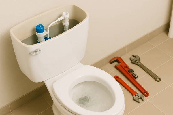 A toilet with some plumbing tools laying next to it on the floor from Quality Plumber Leander in Leander, TX - Bathroom Plumbing Solutions