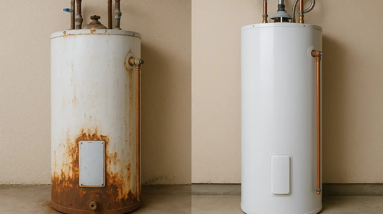 One rusted water heater next to a brand new water heater from Quality Plumber Leander in Leander, TX - Best Water heaters in the market
