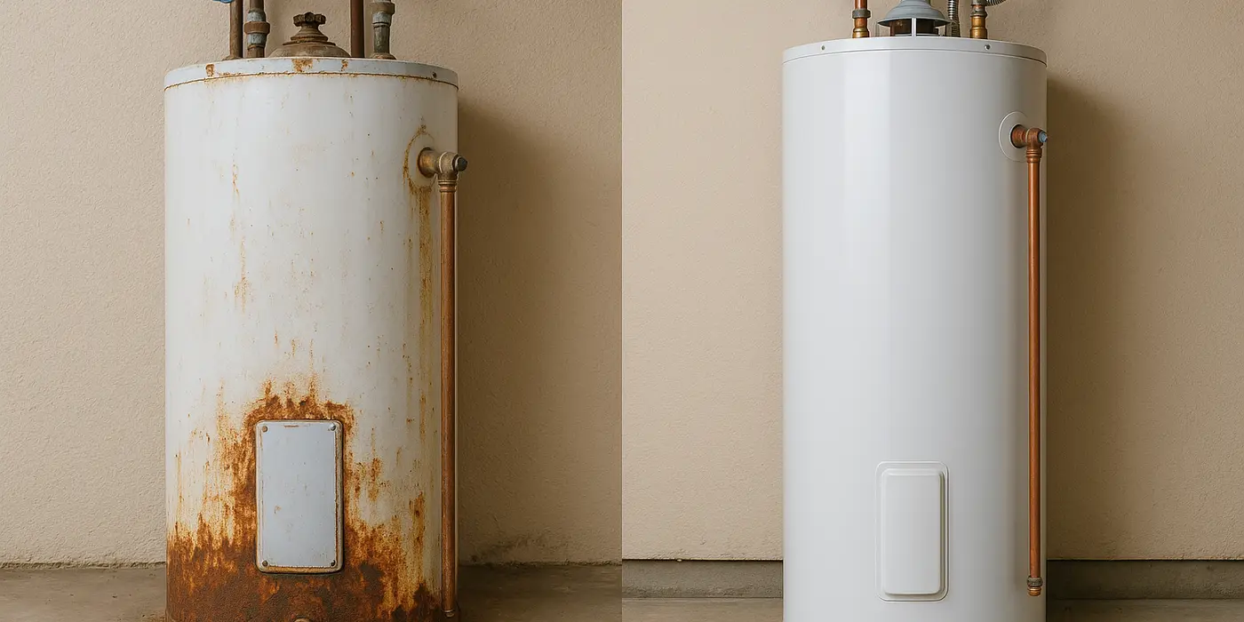 One rusted water heater next to a brand new water heater from Quality Plumber Leander in Leander, TX - Best Water heaters in the market