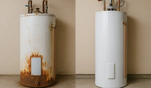 One rusted water heater next to a brand new water heater from Quality Plumber Leander in Leander, TX - Best Water heaters in the market
