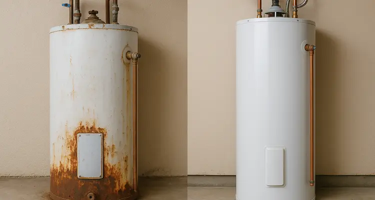 One rusted water heater next to a brand new water heater from Quality Plumber Leander in Leander, TX - Best Water heaters in the market