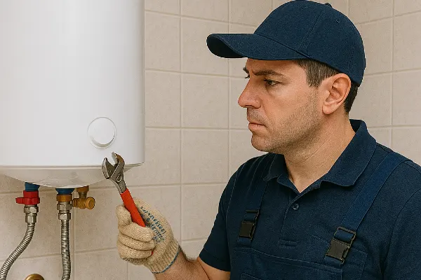 A male plumber working on a water heater hanging from the wall from Quality Plumber Leander in Leander, TX - Best Water heaters in the market