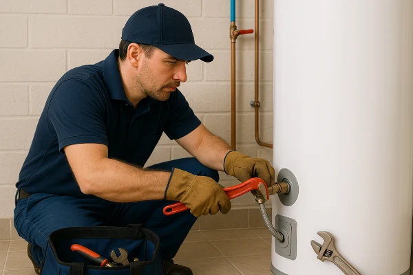A male plumber working on a water heater connection from Quality Plumber Leander in Leander, TX - Best Water heaters in the market