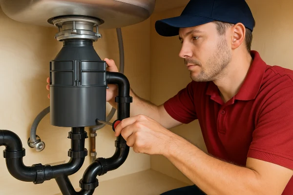 A male plumber with a screwdriver fixing a garbage diposal from Quality Plumber Leander in Leander, TX - Best Water heaters in the market