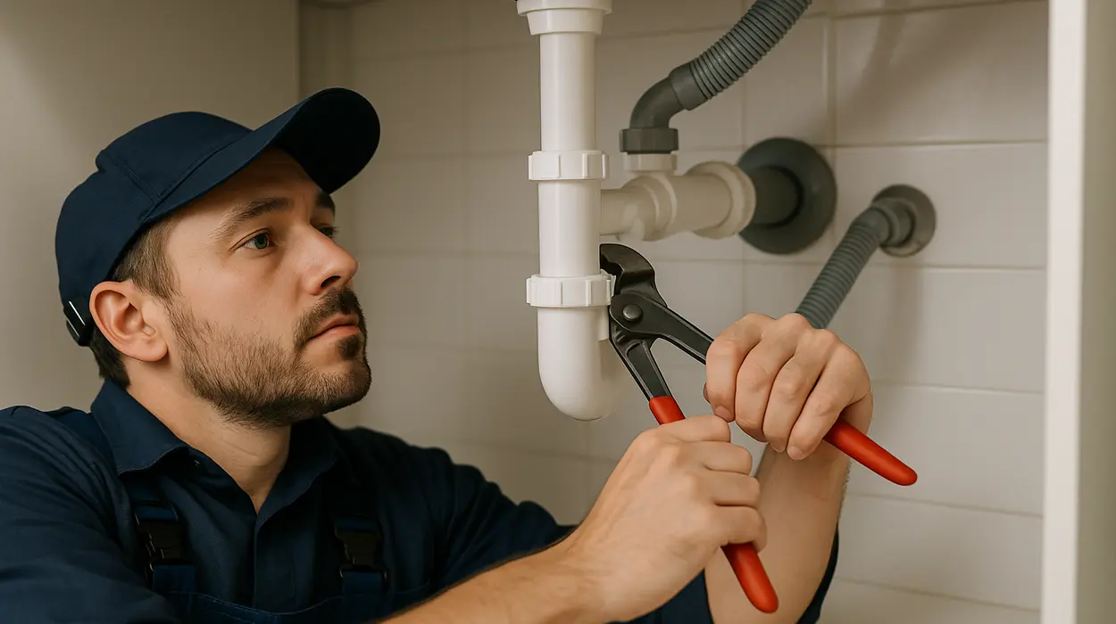 A male plumbing technician tightening a sink pipe from Quality Plumber Leander in Leander, TX - Faucet Repair and Replacement
