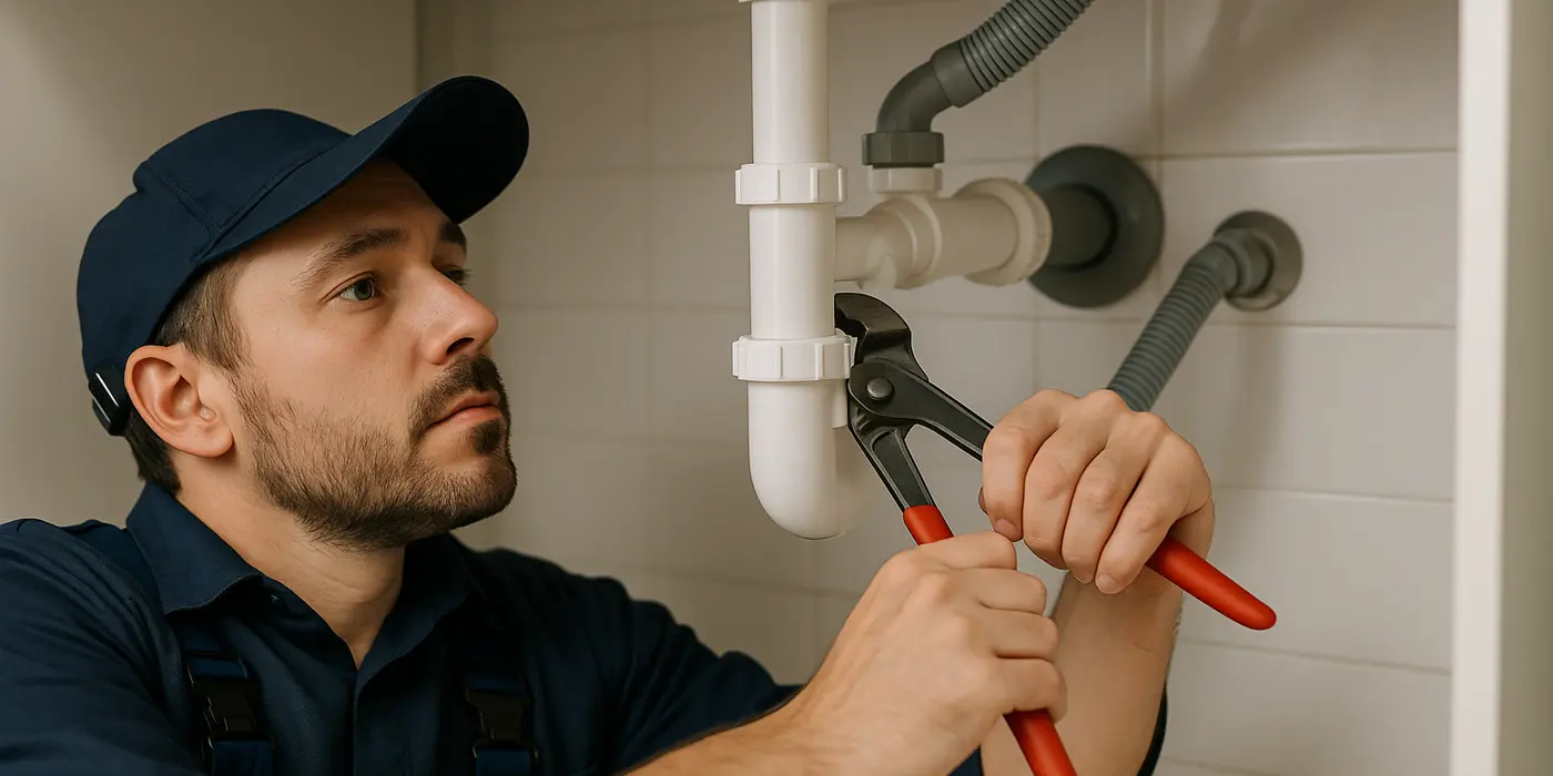 A male plumbing technician tightening a sink pipe from Quality Plumber Leander in Leander, TX - Faucet Repair and Replacement