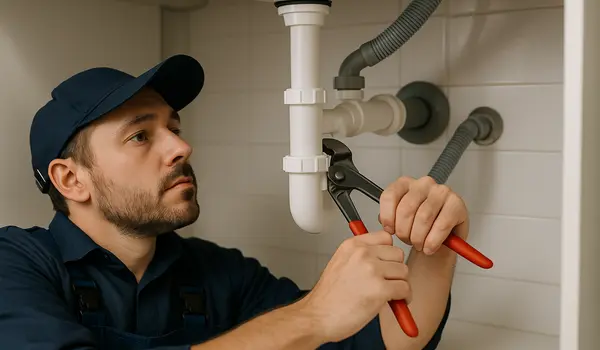 A male plumbing technician tightening a sink pipe from Quality Plumber Leander in Leander, TX - Faucet Repair and Replacement