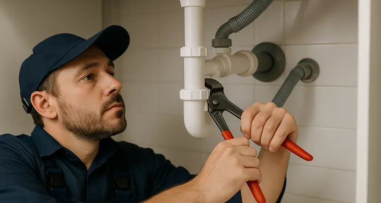 A male plumbing technician tightening a sink pipe from Quality Plumber Leander in Leander, TX - Faucet Repair and Replacement
