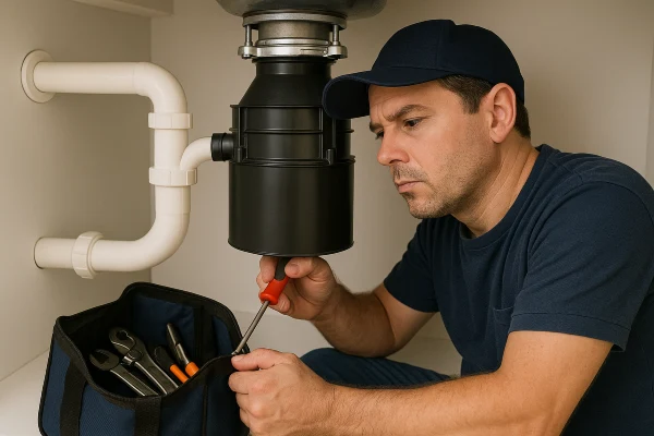 A male plumbing technician fixing a garbage disposal from Quality Plumber Leander in Leander, TX - Faucet Repair and Replacement
