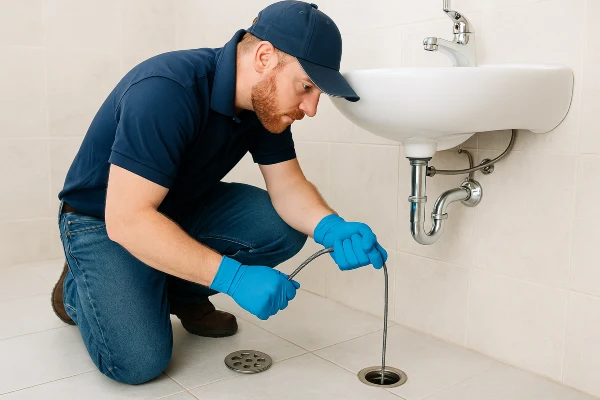 A male plumber unclogging a bathtub drain from Quality Plumber Leander in Leander, TX - Faucet Repair and Replacement