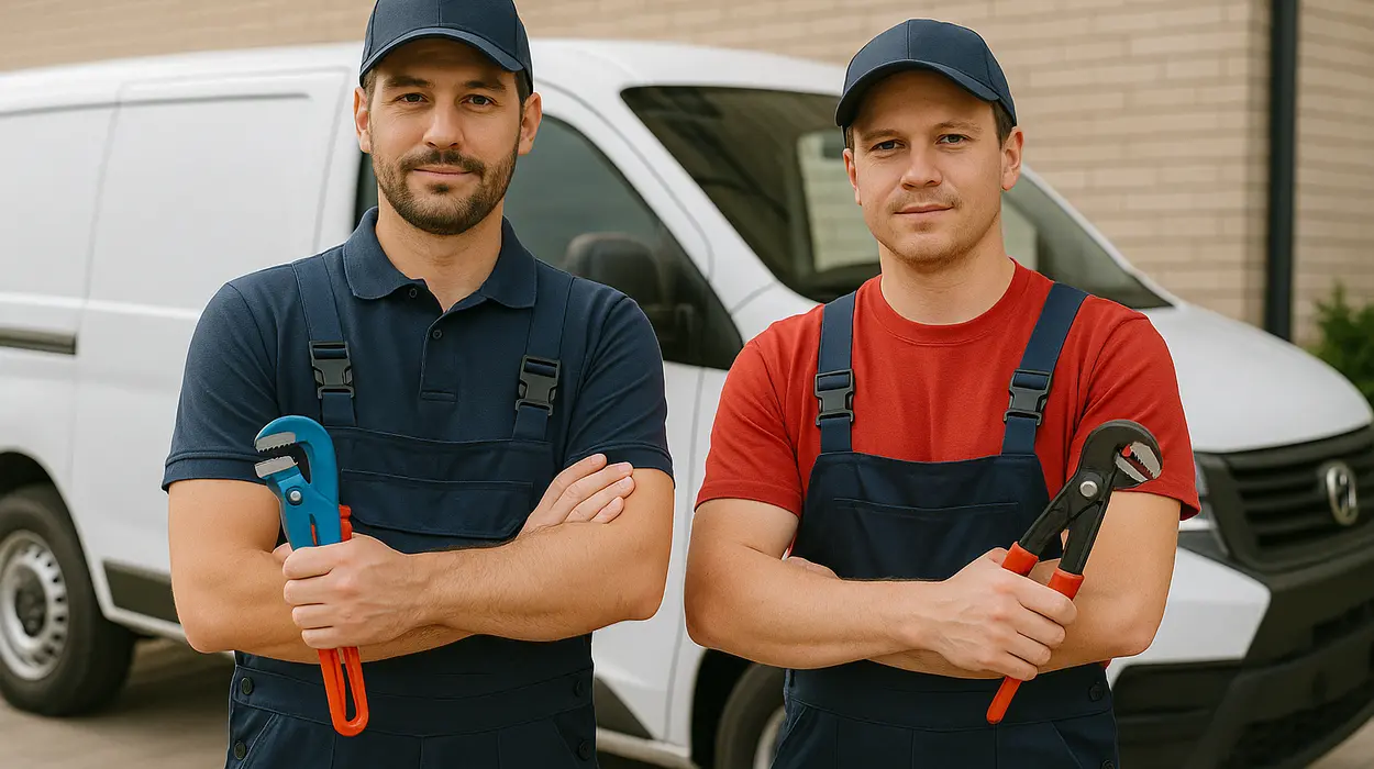 2 male plumbers looking at the camera from Quality Plumber Leander in Leander, TX - Plumbing pipe redesign services