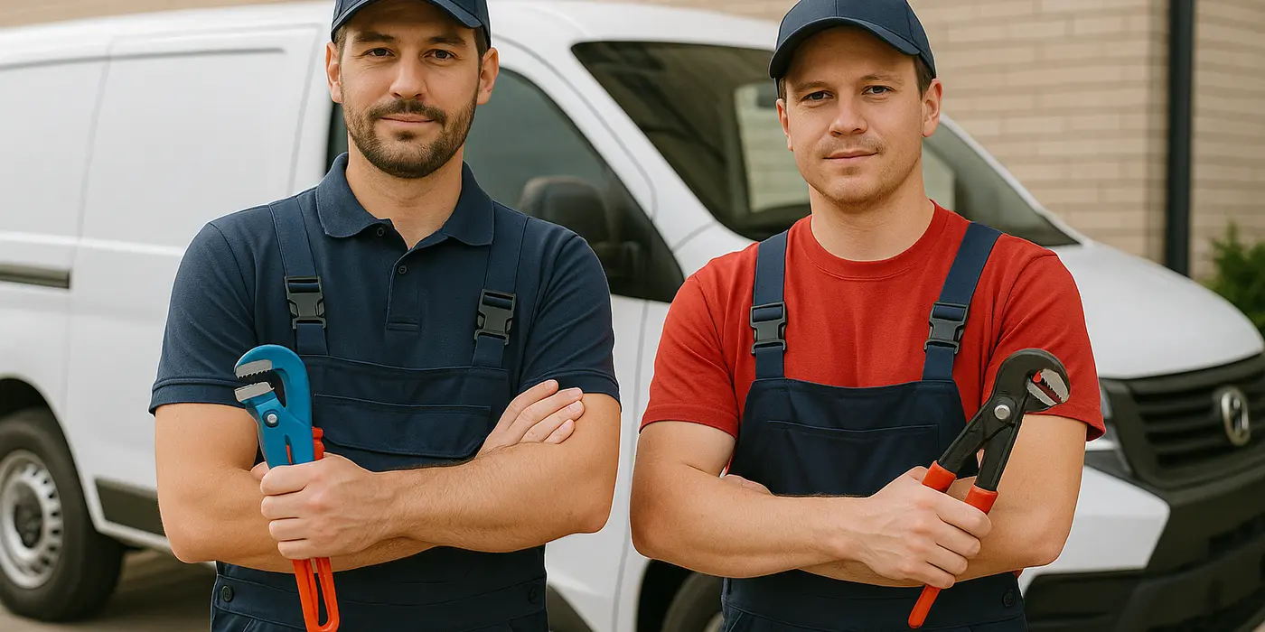 2 male plumbers looking at the camera from Quality Plumber Leander in Leander, TX - Plumbing pipe redesign services