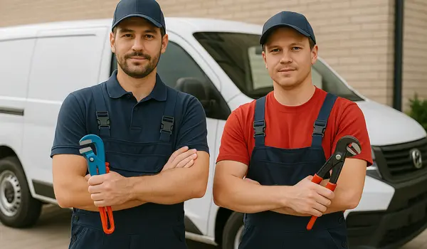2 male plumbers looking at the camera from Quality Plumber Leander in Leander, TX - Plumbing pipe redesign services