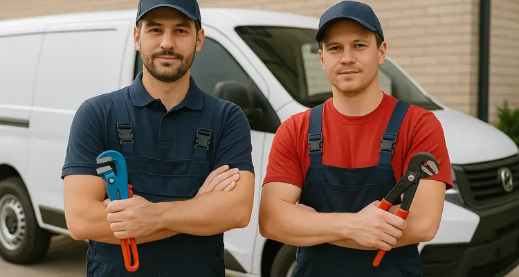 2 male plumbers looking at the camera from Quality Plumber Leander in Leander, TX - Plumbing pipe redesign services