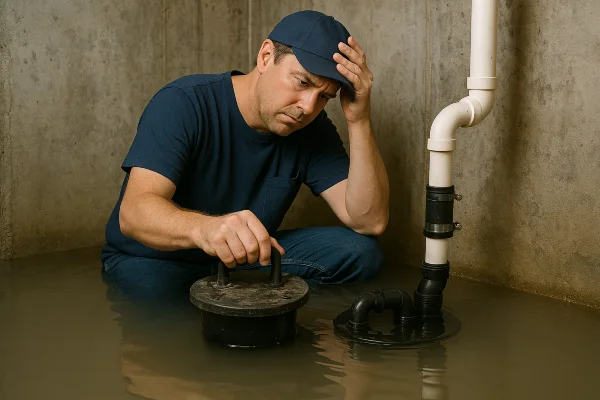 A worried plumber in a flooded room from Quality Plumber Leander in Leander, TX - Plumbing pipe redesign services