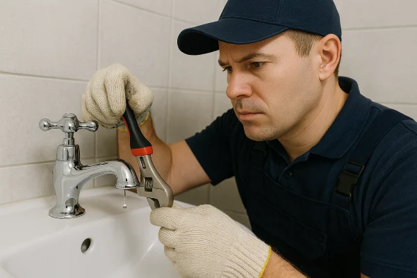 A plumbing technician using a tool to fix a water faucet from Quality Plumber Leander in Leander, TX - Plumbing pipe redesign services