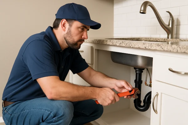 A male plumber checking a kitchen sink pipe connection from Quality Plumber Leander in Leander, TX - Plumbing pipe redesign services