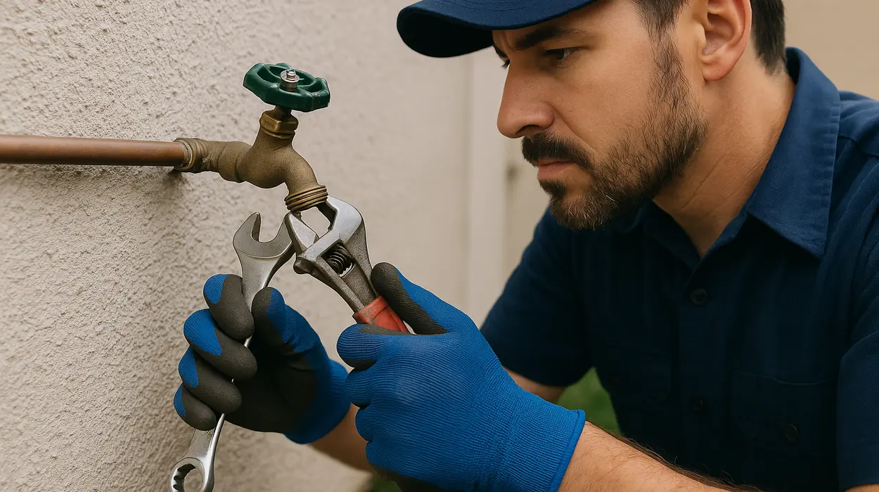 A male plumber fixing an outdoor faucet from Quality Plumber Leander in Leander, TX - Slab Leak Detection Services