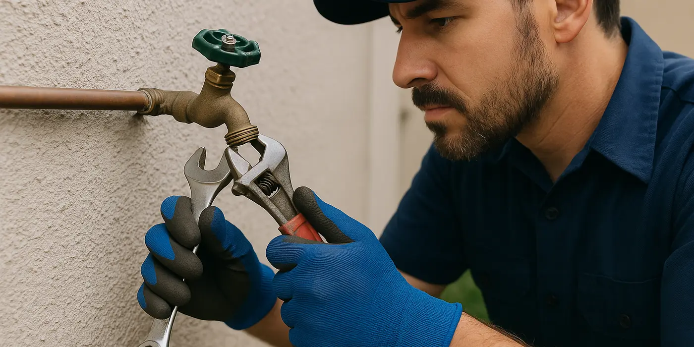 A male plumber fixing an outdoor faucet from Quality Plumber Leander in Leander, TX - Slab Leak Detection Services