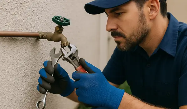 A male plumber fixing an outdoor faucet from Quality Plumber Leander in Leander, TX - Slab Leak Detection Services