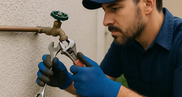 A male plumber fixing an outdoor faucet from Quality Plumber Leander in Leander, TX - Slab Leak Detection Services