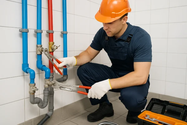 A plumber working on commercial pipe connections from Quality Plumber Leander in Leander, TX - Slab Leak Detection Services