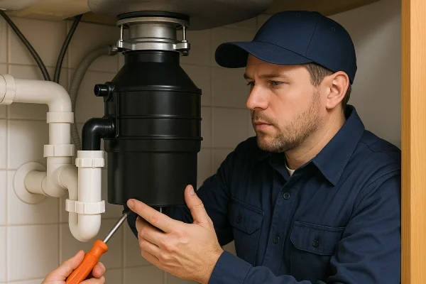 A technician working on a garbage disposal from Quality Plumber Leander in Leander, TX - Toilet Solutions