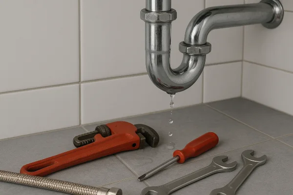 A sink water leak and plumbing tools on the floor from Quality Plumber Leander in Leander, TX - Toilet Solutions